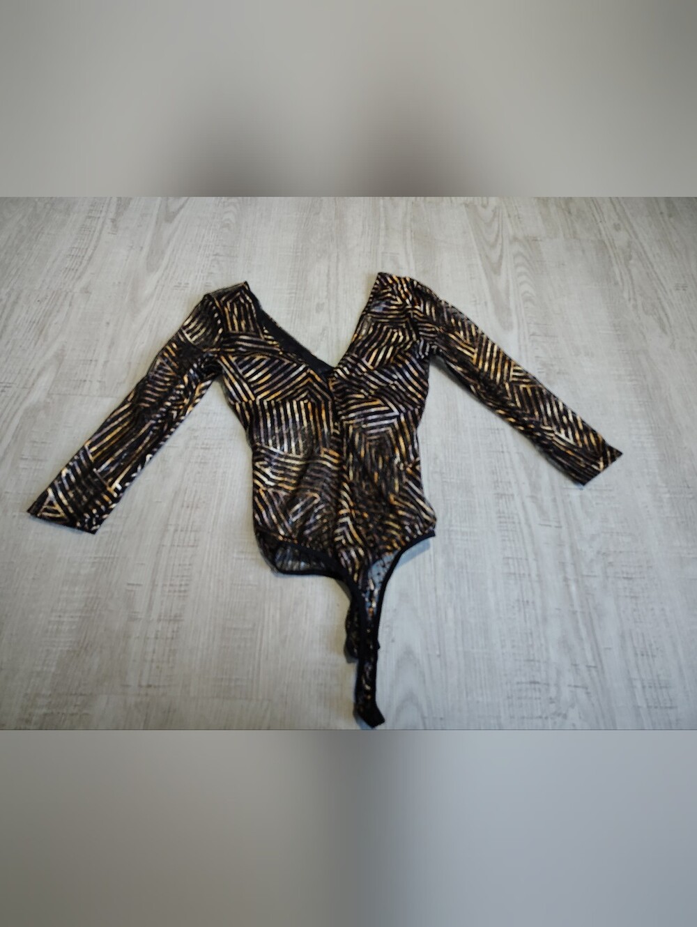 Vintage Y2K Bebe Sheer Bodysuit V-Neck Black Gold USA Made XXS
